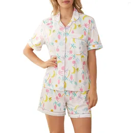 Home Clothing Women Casual Vintage Pajama Set Leaves Print Short Sleeve Button Closure Shirt With Shorts Sleepwear Loungewear