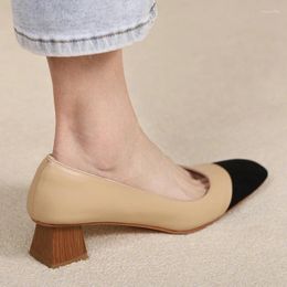 Dress Shoes French Style Women Pumps On Med Heel 4 CM Cowhide Spring Basic Elegant Ladies Square Toe Simple Woman