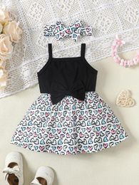 Girl Dresses 0-2 Year Old Born Baby Sleeveless Vest Heart Printed Headband Dress