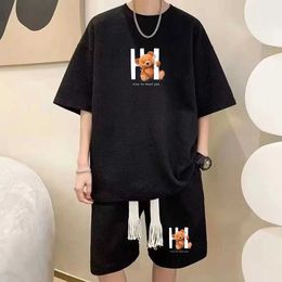 Men's Tracksuits Summer Korean Casual Sportsuit Hoodies Waffle Men Set Loose short sleeve shorts pant 2 Piece Fashion Print Outfits Tracksuit Q2405010
