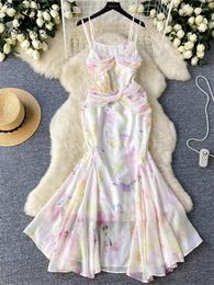 Casual Dresses SINGREINY Summer Romantic Floral Dress Fairy Style Strap Sleeveless Slim Folds Design Fashion Women Vacation Long Beach