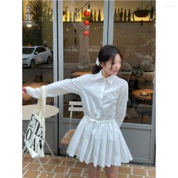 Casual Dresses Elegant Women White Turn Down Collar One Breasted Slim Pleated Shirt Vestidos Female Spring Outfit Short Frocks