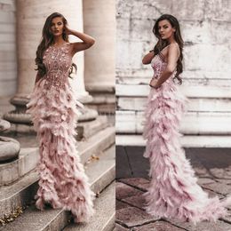 Arabic Pink 3D Floral Mermaid Feathers Prom Dresses 2k20 Long African Evening Gowns Semi Formal Gala Dress Graduation Party Gown 2568