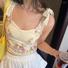 Women's Tanks Vintage Tank Top Sweet Embroidery Sling Lace-up Vest Female Reduction Crop Tops Y2k Korean E-girl Camis Summer Tees