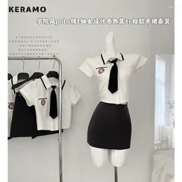 Work Dresses 2024 Summer Preppy Style Plaid Jk Skirt Uniform Two Piece Set Women White Crop Top Black Short Sexy 2