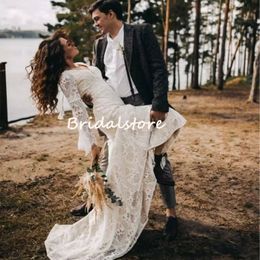 Unique Boho Lace Wedding Dress 2022 With Flare Sleeves Sexy V Neck Mermaid Bohemian Wedding Dresses Backless Crochet Hippie Country Bri 2803