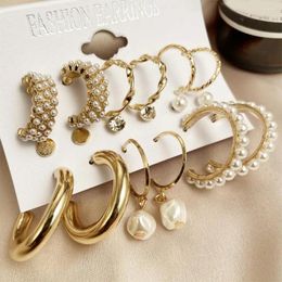 Hoop Earrings C-shaped Elegant Faux Pearl Rhinestone Huggie Set For Women Anti-allergy Stainless Steel Jewellery Commute
