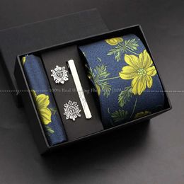 Neck Tie Set 2023 Fashion 7cm Tie Handkerchief Brooch Set For Men Flower Necktie Holiday Gift Box Suit Accessories Slim Wedding Gravatas Gift