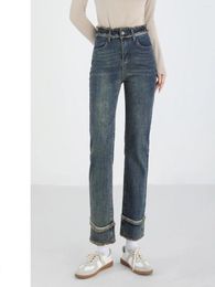 Women's Jeans High Waist Straight For Women Vintage Cotton Stretch Ankle-length Denim Pants Korean Style