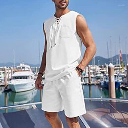 Men's Tracksuits Leisure Breathable Cotton Linen Tank Tops And Shorts Two Piece Set Men Summer Casual Drawstring Sleeveless T Shirt Mens