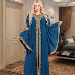 Ethnic Clothing Abaya Elegant Muslim Party Dresses For Women Caftan Eid Flare Sleeves Robe Embroidered Gold Lace Dress Suit Jalabiya Ramadan