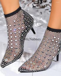 Sandals Sexy Style Air Mesh Women's Summer 2024 With Rhinestone Pointed Toe Stiletto Middle Heel Sock Boots