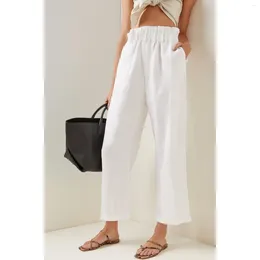 Women's Pants White Elastic Waist Straight 2024 Summer Casual Cotton Linen Office Solid Color Ankle-Length For Women Trousers