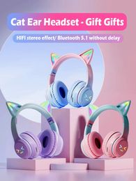 Cute Cat's Ear Bluetooth Headsets Gradient Color Wireless Headphones Mic Foldable Gaming Supports TF Card Noise Cancel Earphone