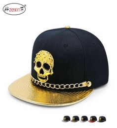 Punk Style Gold Leather with Chain Button Skull Rivet Baseball Hip Hop Flat Brim Hat28583537087312