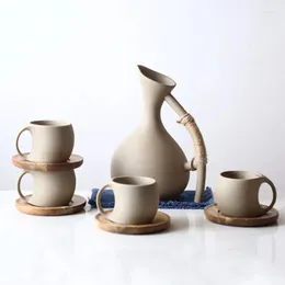 Water Bottles Pottery Cold Kettle Jug Ceramic Bottle Cup Set Drinkware Coffee Wooden Saucer Afternoon Tea