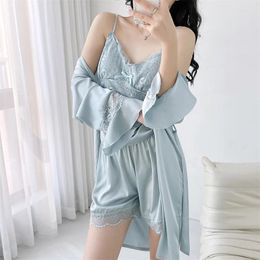 Home Clothing 3PCS Pyjamas Set Sexy Bathrobe Strap Top Shorts Pijamas Suit Summer Women Robe Sleepwear Satin Clothes
