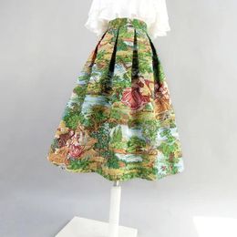 Skirts Woman Pocket Fluffy Skirt Autumn High Waist Slim Landscape Painting Big Pendulum Jacquard Ladies Fashion Q672