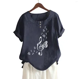 Women's Blouses Summer Cotton Linen Blouse Musical Notes Print Womens Tops And Fashion Button Casual Loose Short Sleeve Shirts Ladies