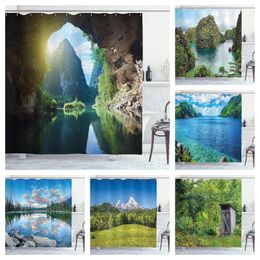 Shower Curtains Natural Landscape Lakes Caves Waterfall Mountains Forest Trees Prairie Bathroom Decorations Nature Bath