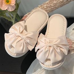 Slippers Luxury Satin Bow Female Fairy Style Four Seasons Universal Non-slip Soft Bottom Home Shoes Autumn And Winter