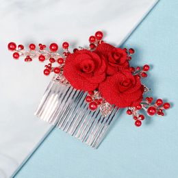 Hair Clips Red Flower Comb Beauty Bridal Tiaras Pearl Alloy Hairpin For Women Fashion Wedding Accessories Luxury Head Jewellery