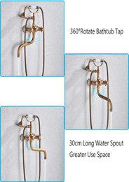 Antique Brass Bathtub Shower Faucets Set Dual Knobs Mixer Tap Wall Mounted Bath Swivel Tub Long Spout2545198