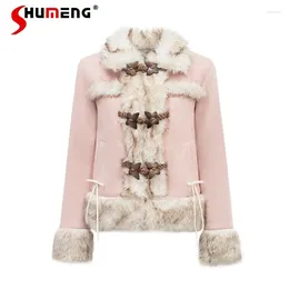 Women's Jackets 2024 Japanese Style Pink Suede Butterfly Horn Button Fur Plush Coat Autumn Winter Thick Warm Overcoats Chaquetas De Mujer