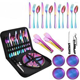 Dinnerware Sets 10PCS-20PCS Camping Tableware Set Portable Cutlery Kit Stainless Steel Picnic Gold Disc Steak Knifes Forks Spoon With Bag