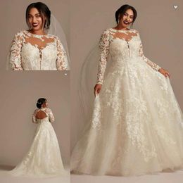 Oleg Cassini Lace Illusion Langarm Langarm Plusgröße Brautkleider 2022 Sheer O-Neck Applique Blumenblättere Rock Prinzessin Brautkleid Rob 2271