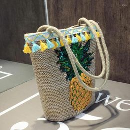 Shoulder Bags Straw Summer Tassel Handbags Women Sequin Pineapple Beach Bag Boho Woven Basket Party Market Shopping Tote