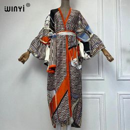 Fashion Print Self Belted Kimono Party Dress Women Elegant Holiday Bubble Sleeve Cardigan Beach Wear Swim Suit Cover Up