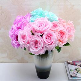 Decorative Flowers 11.5cm Artificial Rose For Wedding Home Garden Decoration Bride Bouquet 6 Heads With Green Leaves