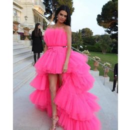 2020 New High low Prom Dresses with Detachable Train Unique Tiered Tulle Skirt Evening Dress Hot Pink Fuchsia Formal Party Gowns 3208
