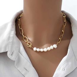 Pendant Necklaces Minar Hip Hop Rock Real Gold Plated Copper Baroque Freshwater Pearl Hollow Link Paperclip Chain Chokers Necklaces For Women