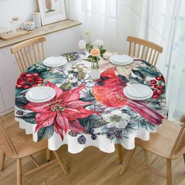 Table Cloth Christmas Poinsettia Robin Round Tablecloth Waterproof Wedding Party Cover Holiday Dining