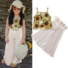 Clothing Sets Kids Baby Girls Sunflower Floral Suspenders Vest Tops Solid Flared Pants Set Girl Two Piece Outfit
