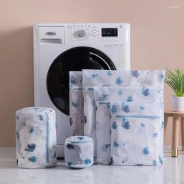Laundry Bags Bag Print Blue Leafves Dirty Clothes Cleaning Protect Washing Household Organiser Mesh Zipper