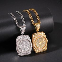 Pendant Necklaces Hip Hop CZ Stones Bling Out Wristwatch Watch Shape Pendants Necklace For Men Rapper Jewelry Gold Color With Cuban