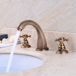 Bathroom Sink Faucets Antique Brass Basin Mixer Tap Double Handles Faucet 3 Pcs Set