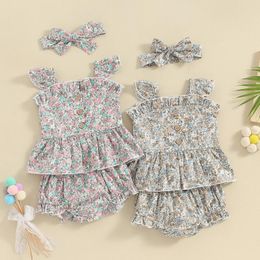 Clothing Sets Infant Baby Girls Floral Shorts Clothes Set Kids Sleeve Tank Top Elastic Waist Hairband Children Summer Outerwear