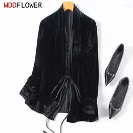 Women's Blouses Women Silk Shirt Mulberry Velvet Solid Color Black V Neck Long Sleeve Tie Cardigan Coat Top Blouse Office Lady M1044