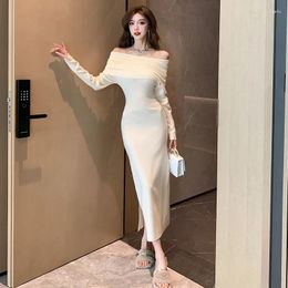 Casual Dresses W4M Lapel One-line Slim-fit Knitted Temperament Long Sleeve Fleshproof Slim Slit French Sweater Skirt Female Fashion Dress