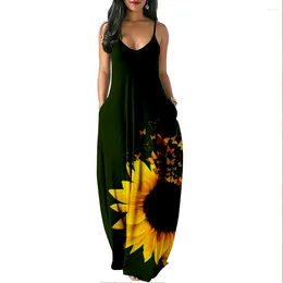 Casual Dresses Hip Hop Trendy Comfortable Summer Women Sunflower 3D Printed Sexy Loose Slip Pocket Dress Party Long Robe