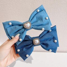 Hair Clips Blue Denim Bow Sweet Jewellery Hairpin Pearl Rope Headwear Crystal Scrunchie Girl