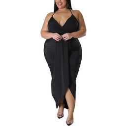 Women Plus Size Dresses Sexy V Neck Ruched Wrap Slit Hem Sleeveless Spaghetti Strap Midi Bodycon Dress