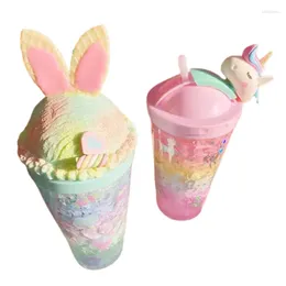 Cups Saucers Ears Cartoon Ice Cup Girl Favorite Gradient Color Summer Creative Personality Cool Straw Plastic Bottle Gift J195
