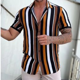 Summer Mens Shirt Fashion Stripe Printed Short sleeved Shirt Flip Collar Button Large Casual Shirt Mens Clothing 240428