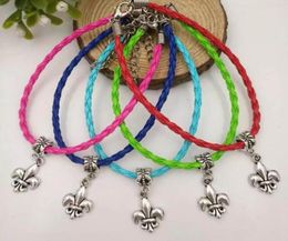 20 Pcs Lot Antique Silver Fleur De lis Dangle Bead Pendant Mixed Colour Leather Braided Rope Bracelets Bangles Womens Jewellery A11861865055