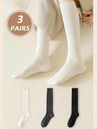 Women Socks Three Pairs Of Solid Colour Women's Striped Milky White Calf JK Pure Vertical Pattern Japanese